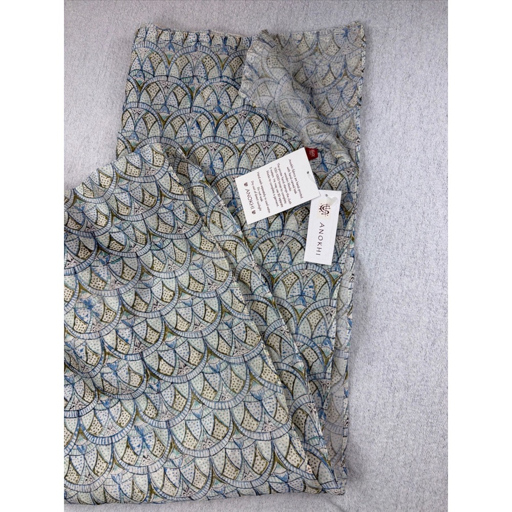 NEW Anokhi Hand Block Printed Scarf Blue Green Geometric Cotton Silk Wrap NWT